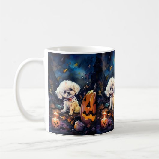 Halloween Bichon Frise met pompoenen eng Koffiemok (Links)