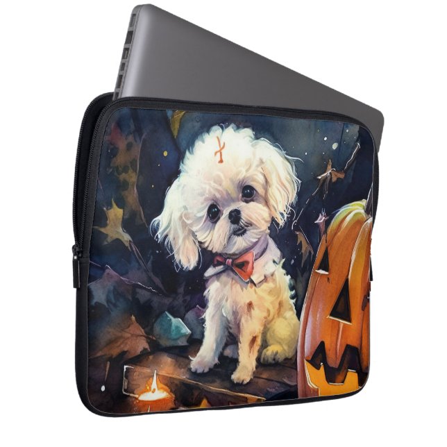 Halloween Bichon Frise met pompoenen eng Laptop Sleeve (Voorkant Rechts)