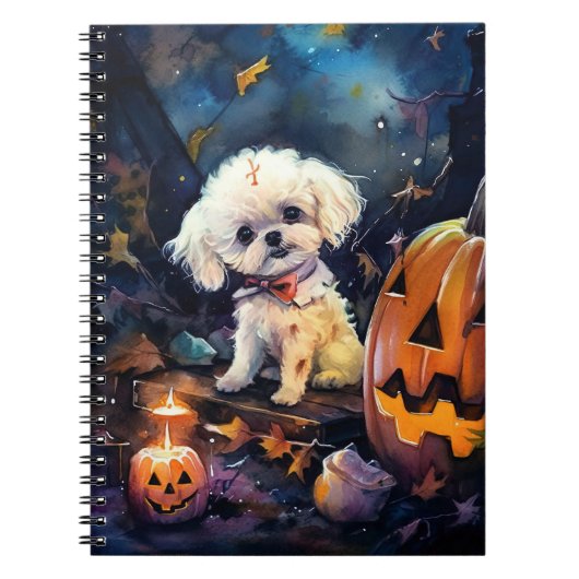Halloween Bichon Frise met pompoenen eng Notitieboek (Voorkant)
