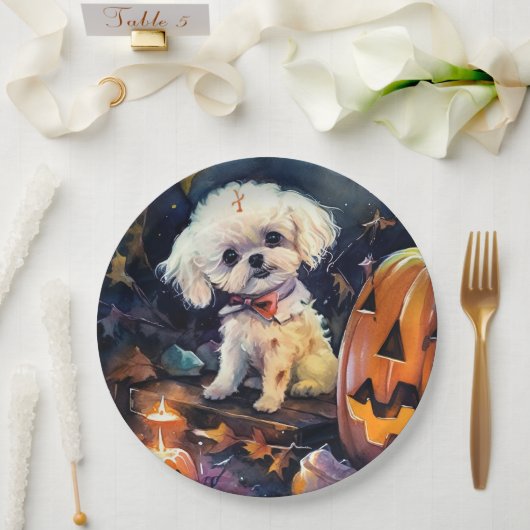 Halloween Bichon Frise met pompoenen eng Papieren Bordje (Huwelijk)