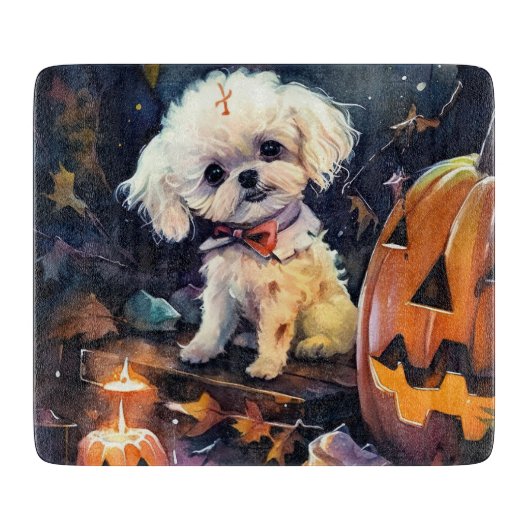 Halloween Bichon Frise met pompoenen eng Snijplank (Voorkant)