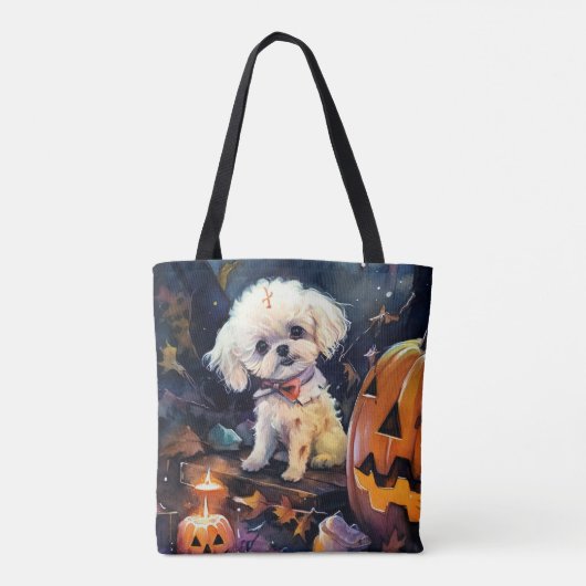 Halloween Bichon Frise met pompoenen eng Tote Bag (Achterkant)