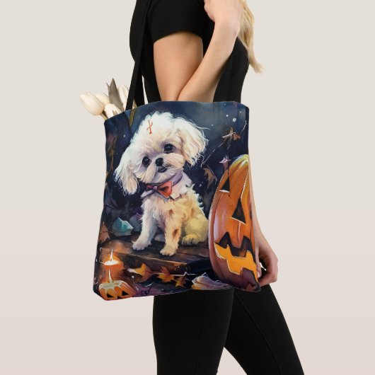 Halloween Bichon Frise met pompoenen eng Tote Bag (Dichtbij)