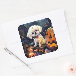 Halloween Bichon Frise Met Pompoenen Eng Vierkante Sticker