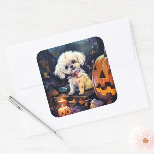 Halloween Bichon Frise met pompoenen eng Vierkante Sticker (Envelop)