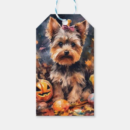 Halloween Biewer Terrier met pompoenen eng Cadeaulabel (Voorkant)
