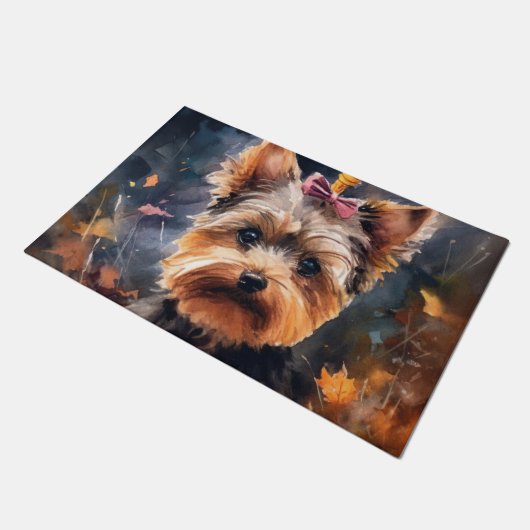 Halloween Biewer Terrier met pompoenen eng Deurmat (Schuin)