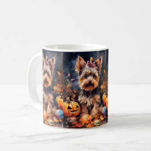 Halloween Biewer Terrier met pompoenen eng Koffiemok (Voorkant links)