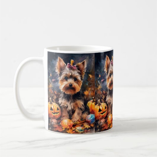 Halloween Biewer Terrier met pompoenen eng Koffiemok (Links)