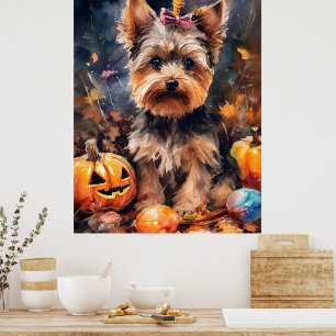 Halloween Biewer Terrier met pompoenen eng Poster