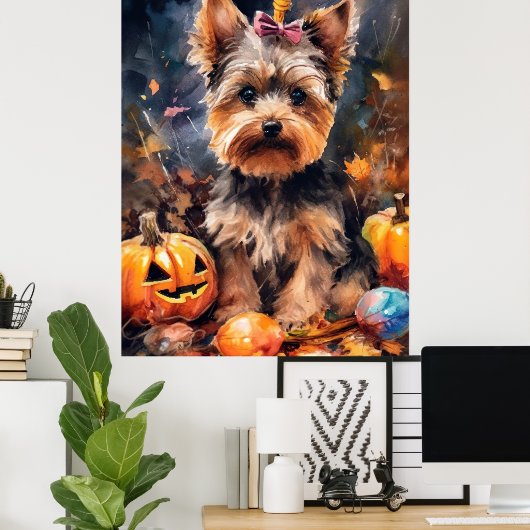 Halloween Biewer Terrier met pompoenen eng Poster (Thuiskantoor)
