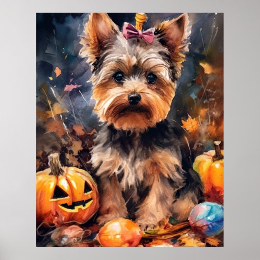 Halloween Biewer Terrier met pompoenen eng Poster (Voorkant)