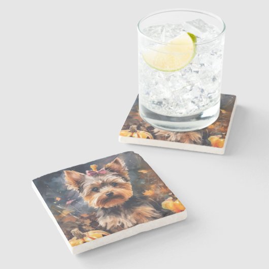 Halloween Biewer Terrier met pompoenen eng Stenen Onderzetter (Zijkant)