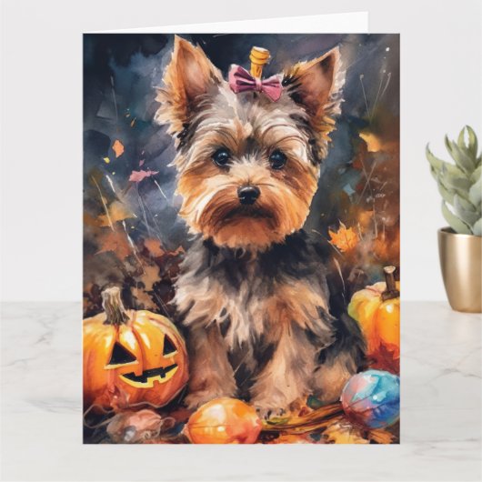 Halloween Biewer Terrier Met Pompoenen Griezelen Kaart (Kleine Plant)