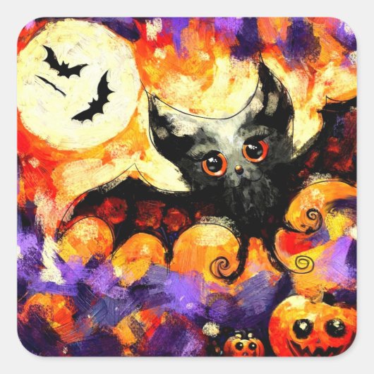Halloween Big-Eye Bat Moon Jack-o-Lantern Bats Vierkante Sticker (Voorkant)