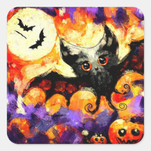 Halloween Big-Eye Bat Moon Jack-o-Lantern Bats Vierkante Sticker