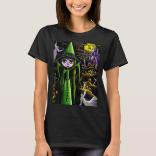Halloween Big Eye Groene Heks Meisje Geesten Pompo T-shirt