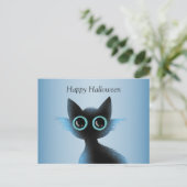 Halloween Big Eyes Black Blue Evil Cat Briefkaart (Staand voorkant)