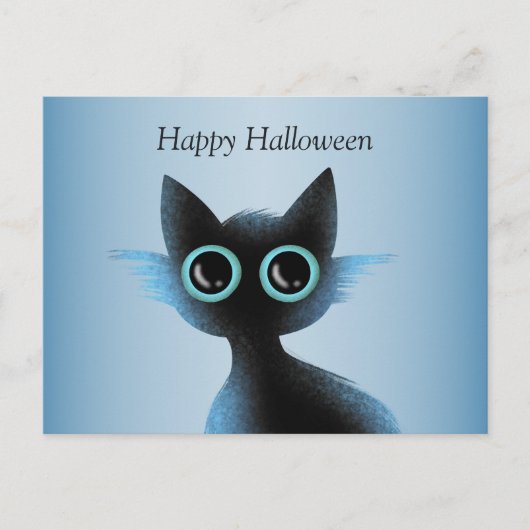Halloween Big Eyes Black Blue Evil Cat Briefkaart (Voorkant)