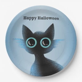 Halloween Big Eyes Black Blue Evil Cat Papieren Bordje