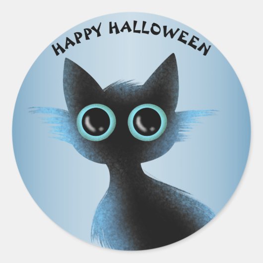 Halloween Big Eyes Black Blue Evil Cat Ronde Sticker (Voorkant)