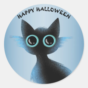 Halloween Big Eyes Black Blue Evil Cat Ronde Sticker