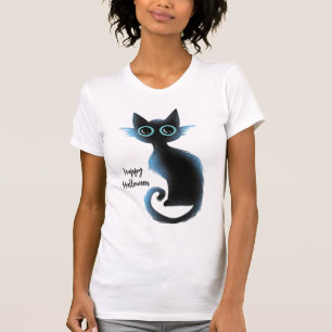 Halloween Big Eyes Black Blue Evil Cat T-shirt