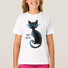 Halloween Big Eyes Black Blue Evil Cat T-shirt