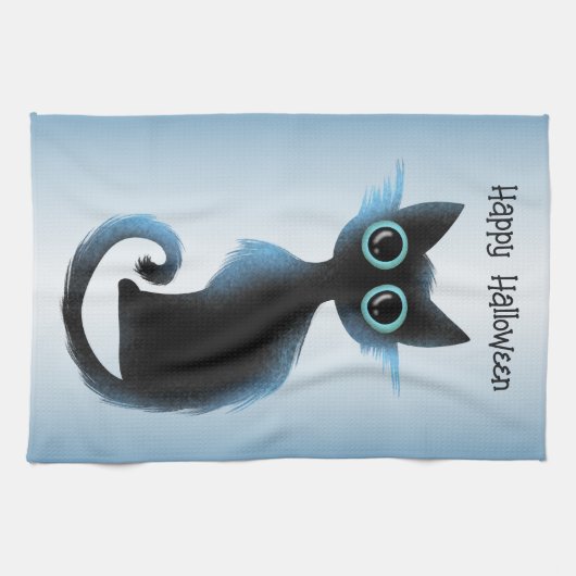 Halloween Big Eyes Black Blue Evil Cat Theedoek (Horizontaal)