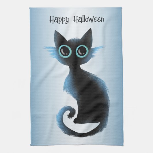 Halloween Big Eyes Black Blue Evil Cat Theedoek (Verticaal)
