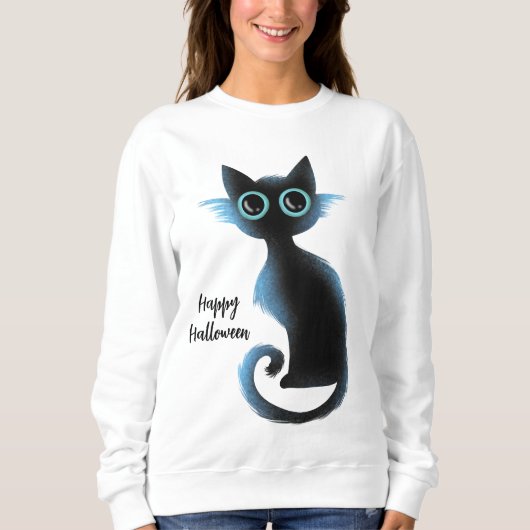 Halloween Big Eyes Black Blue Evil Cat Trui (Voorkant)
