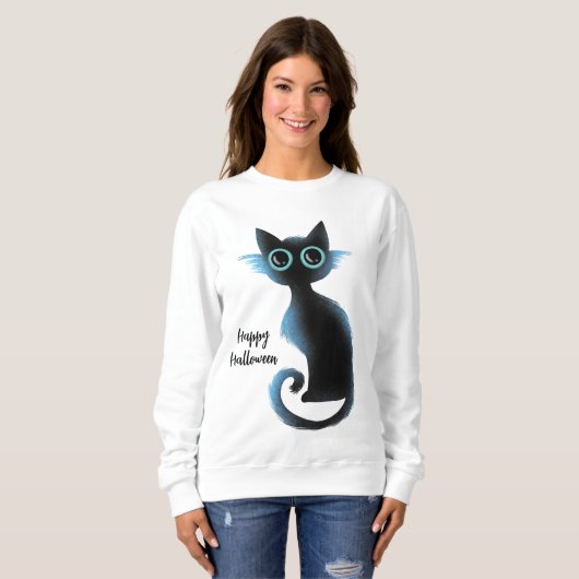 Halloween Big Eyes Black Blue Evil Cat Trui (Voorkant volledig)