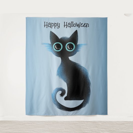 Halloween Big Eyes Black Blue Evil Cat Wandkleed (Voorkant)