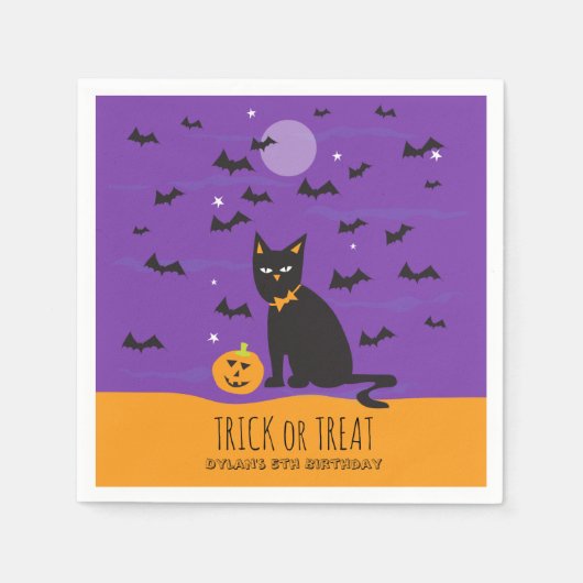 Halloween Birthday Black Cat and Bats Paper Napkin Servet (Voorkant)