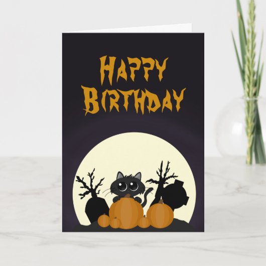 Halloween Birthday Black Cat Pumpkins Graveyard Kaart (Voorkant)