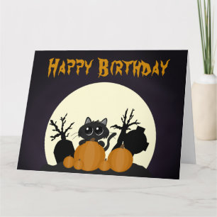 Halloween Birthday Black Cat Pumpkins Graveyard Kaart