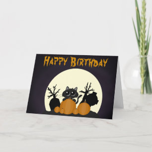 Halloween Birthday Black Cat Pumpkins Graveyard Kaart