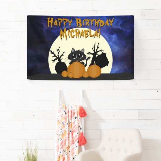 Halloween Birthday Black Cat w Pumpkins Graveyard Spandoek (Insitu)