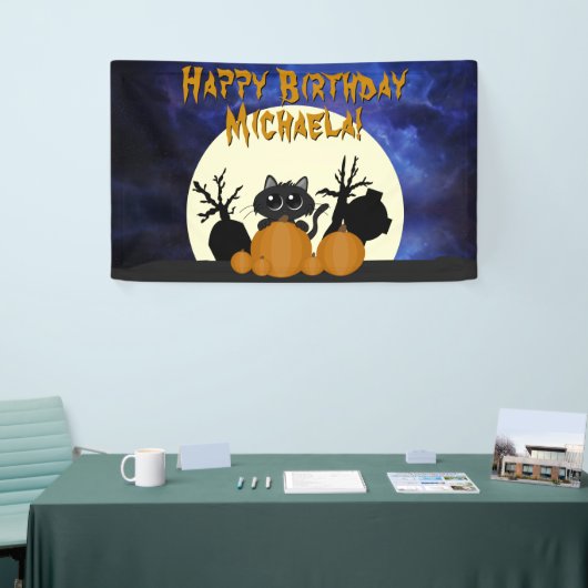 Halloween Birthday Black Cat w Pumpkins Graveyard Spandoek (Beurs)