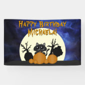 Halloween Birthday Black Cat w Pumpkins Graveyard Spandoek (Horizontaal)
