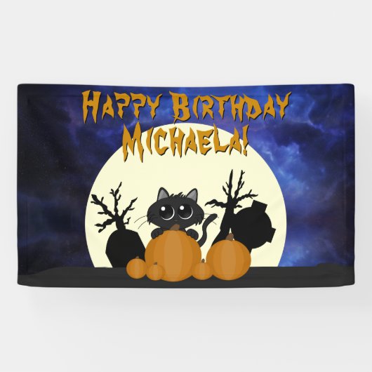 Halloween Birthday Black Cat w Pumpkins Graveyard Spandoek (Horizontaal)