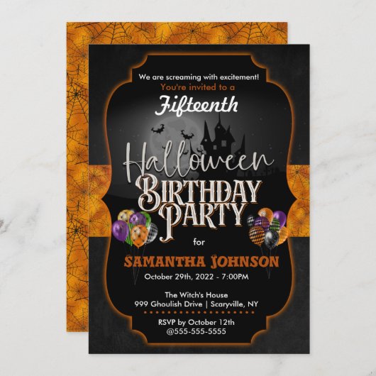 Halloween Birthday Invitation with spiderwebts Kaart (Voorkant / Achterkant)