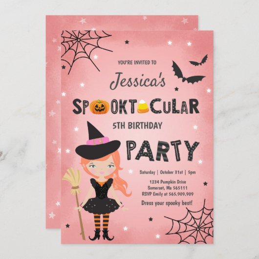 Halloween Birthday Invite Witch Halloween Party Kaart (Voorkant / Achterkant)