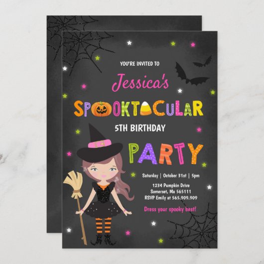 Halloween Birthday Invite Witch Halloween Party Kaart (Voorkant / Achterkant)