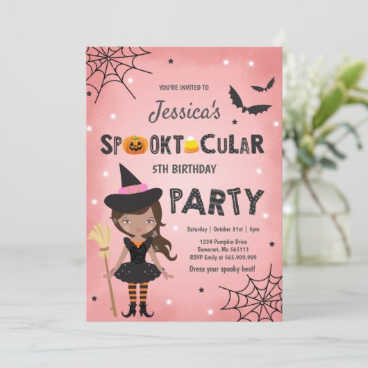 Halloween Birthday Invite Witch Halloween Party Kaart (Staand voorkant)