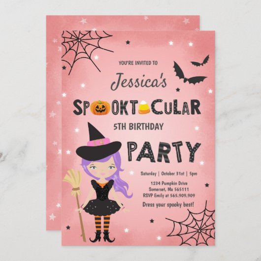 Halloween Birthday Invite Witch Halloween Party Kaart (Voorkant / Achterkant)