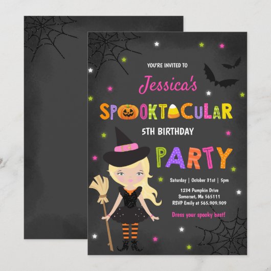 Halloween Birthday Invite Witch Halloween Party Kaart (Voorkant / Achterkant)