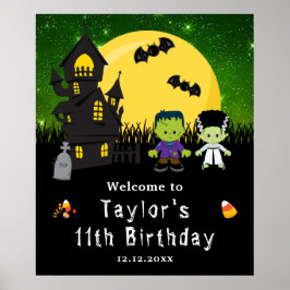 Halloween Birthday Monsters Green Welcome Sign Poster