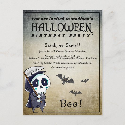 Halloween Birthday Party Grim Reaper Briefkaart (Voorkant)