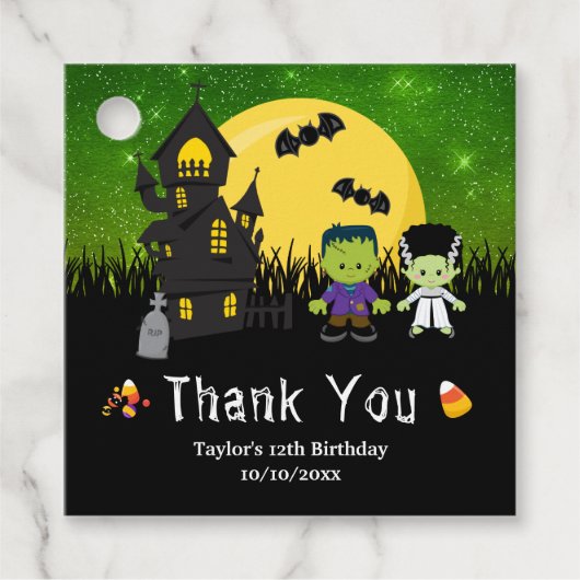 Halloween Birthday Party Monsters Green Bedankjes Labels (Voorkant)